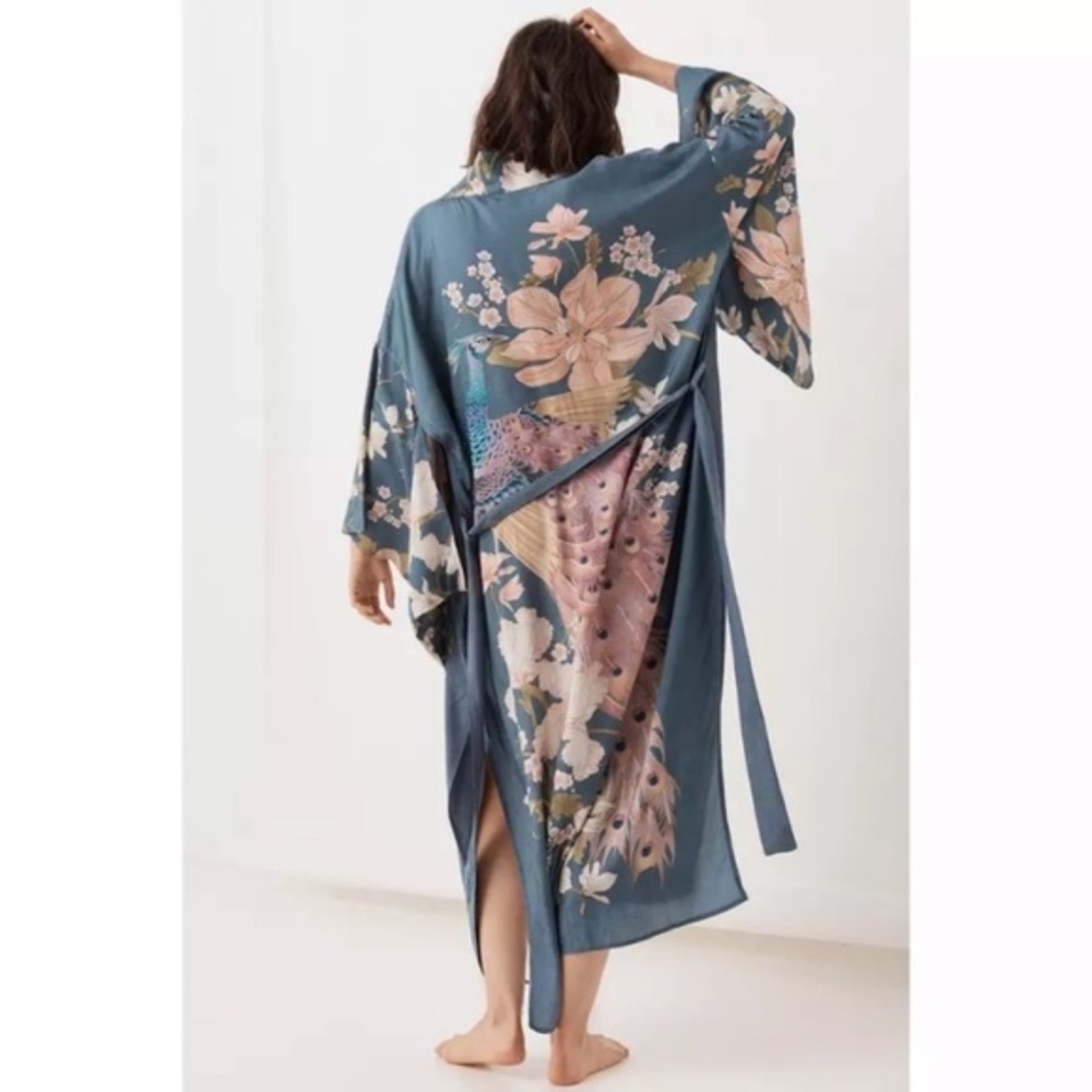 SOLD OUT Blue Floral Bohemian Peacock Kimono Duster Robe - Picture 3 of 8